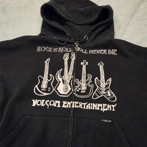 Vintage Volcom Hoodie Zip Up Black Y2K Rock N Roll Will Never Die Graphic Punk M